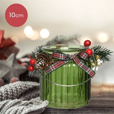 Groene glazen waxinelichthouder met ribbels en versiering - Ø8 x 10 cm - kerstdecoratie - kerst - luxe theelichthouder - voor kaarsjes