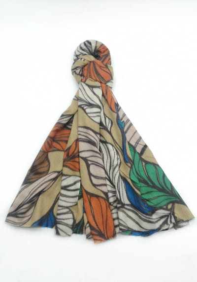 Lange warme dames sjaal Belinda fantasiemotief beige oranje wit bruin groen taupe koningsblauw
