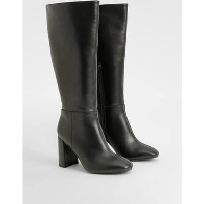 boohoo Dames Wide Fit Block Hiel Kniehoge Laarzen | Black | Maat: 3