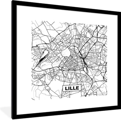 Fotolijst incl. Poster Zwart Wit- Lille - Stadskaart - Frankrijk - Kaart - Plattegrond - Zwart wit - 40x40 cm - Posterlijst