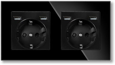 Dubbele contactdoos met 4 USB-poorten (2× type A, maximaal 2,1 A totaal), dubbele aansluiting met gehard glas, Schuko-contactdoos, inbouw, zwart