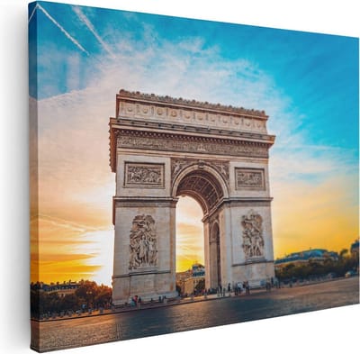 Artaza Canvas Schilderij Parijs - 80x60 cm - Wanddecoratie Arc De Triomphe - Muurdecoratie Zonsondergang - Schilderijen Op Canvas Frankrijk