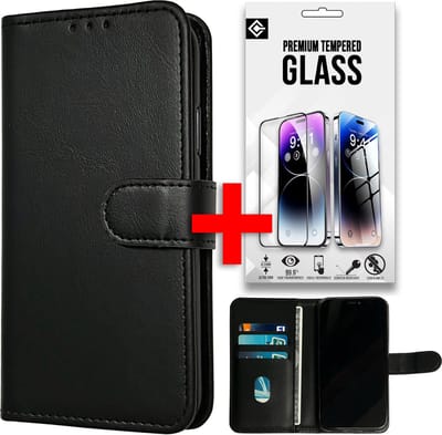 Casemania Hoesje Geschikt voor Xiaomi Redmi A3 - Zwart- Portemonnee Book Case met Pasjeshouder en Ingebouwde Standaard + Glazen Screenprotector