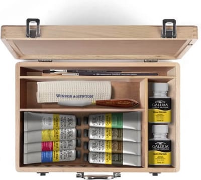 Winsor & Newton 2190614 Galeria Acrylverf Set Luxe Houten Kist – 15-delig – Inclusief ezel, penselen & accessoires