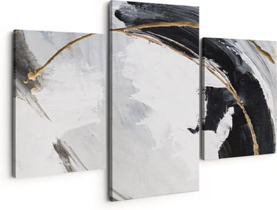 Artaza Canvas Schilderij Drieluik Abstracte Kunst - Wit met Zwart en Goud - 150x120 - Groot - Foto Op Canvas - Canvas Print