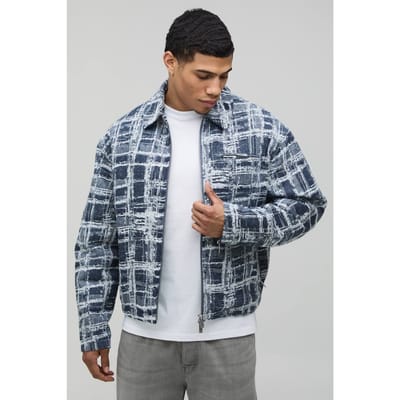 Boxy Fit Getextureerde Jacquard Harrington Jas | Blue | Size XS