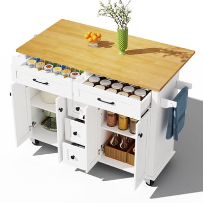 Multifunctionele keukenkar met opklapbaar werkblad, 120×65 cm uitbreidbaar, met 5 lades, kasten, kruiden- & handdoekhouder, op wielen – Kookeiland voor keuken, eetkamer & woonkamer