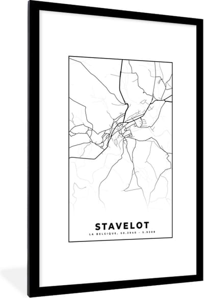 Fotolijst incl. Poster Zwart Wit- Zwart Wit – België – Plattegrond – Stadskaart – Kaart – Stavelot - 80x120 cm - Posterlijst