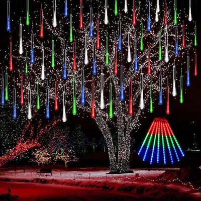 MUPOO 3x Kerstverlichting Meteorenregen Lichtsnoer voor buiten- 30cm 192 LEDS Veelkleurig - Vallende Sterren Effect-360° Buitenverlichting -Energiebesparing en milieubescherming- Perfect voor Gevelverlichting en Feestdecors