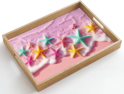 Dienblad hout 50x35 cm - Schootdienblad - Zeesterren - Strand - Golven - Borrelplank rechthoek - Plateau dienbladen