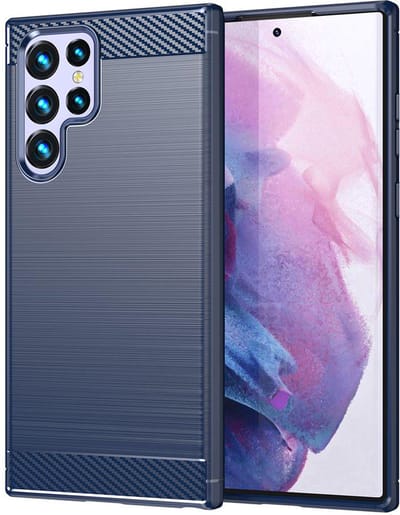 MobyDefend Hoesje - Geschikt voor Samsung Galaxy S23 Ultra - TPU Backcover - Geborstelde Metaal & Carbon-Look - Blauw