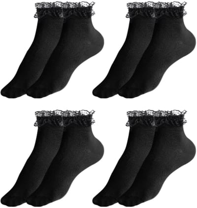 Dailygoods- Enkelsokken 4 Paar Zwart - Dames Sokken - Katoenen Sokken - Kantontwerp - Comfortabele Sokken - Ademend Materiaal