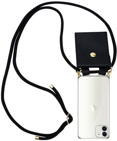 Cadorabo Hoesje geschikt voor Apple iPhone 12 MINI in ZWART - Silicone Mobiele telefoon ketting beschermhoes met gouden ringen, koordriem en afneembare etui