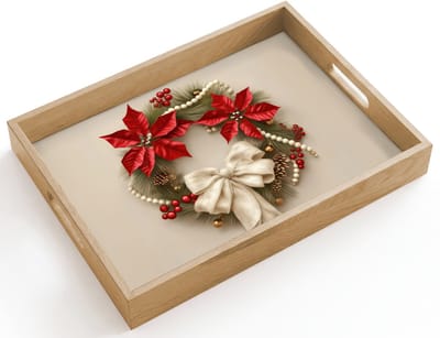 Dienblad hout 40x30 cm - Schootdienblad - Deurkrans - Strik - Kerst - Rood - Groen - Borrelplank rechthoek - Plateau dienbladen