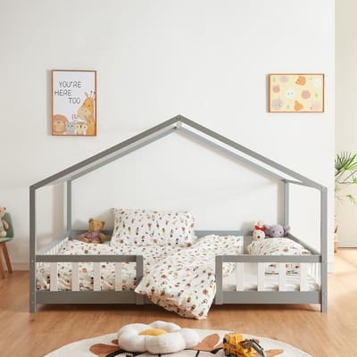 Kinderbed Treviolo huisbed 140x200 cm lichtgrijs en wit [en.casa]