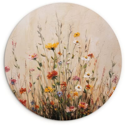 WallCircle® Wandcirkel 120x120 cm - Muurcirkel Wilde bloemen - Penseelstreken - Rustgevend - Muurdecoratie woonkamer - Wanddecoratie slaapkamer - Kamer decoratie accessoires - Ronde schilderijen XXL