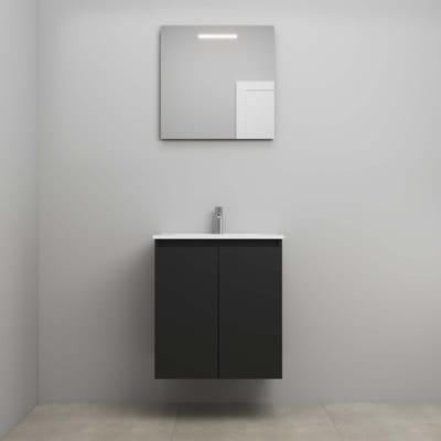 On-Line Badkamermeubelset - 60 cm - Voorgemonteerd - Greeploos 2 Deuren - Porseleinen Wastafel - 1 Kraangat - Spiegel met LED-Verlichting - Mat Zwart