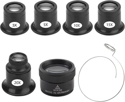 Set van 6 professionele loepen voor horlogemakers en juweliers, vergrotingen 3x tot 30x, ideaal voor reparaties en detailwerk