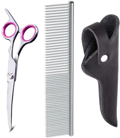 Professor Q Hondenschaar Krom – Linkshandige Professionele Trimschaar – Ideaal voor Natuurlijke Rondingen met Luxe Lederen Etui – 16,5 cm – Zwart + Anti-Klit Kam – Pijnloos & Huisdiervriendelijk