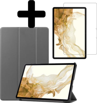 Hoes - Geschikt voor Samsung Galaxy Tab S8 - Met Screenprotector - Trifold Bookcase - Hard Cover - Hardcover Book Case - Tablet Hoesje - Grijs