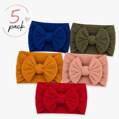Haar in Stijl® Haarband Heidi 5 pack - Autumn herfst set - Brede en zachte baby haarband met een strik - meisjes haaraccessoire knoopje geribbelde design - bordeaux blauw groen geel beige