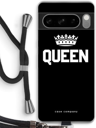 Case Company® - Hoesje met koord geschikt voor Google Pixel 8 Pro hoesje met Koord - Queen zwart - Telefoonhoesje met Zwart Koord - Bescherming aan alle Kanten en Over de Schermrand