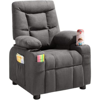 VEVOR Kinderbank met bekerhouders en zijvakken, kinderfauteuil met verstelbare rugleuning van 107° tot 126° en ademende polyester bekleding, relaxbank met voetensteun, geschikt voor kinderen (grijs)