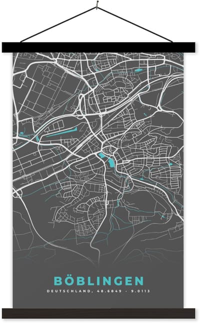 Posterhanger incl. Poster 60x90 cm - Schoolplaat - Stadskaart – Plattegrond – Duitsland – Blauw – Böblingen – Kaart - Textielposter - Zwarte latten - Stadskaart