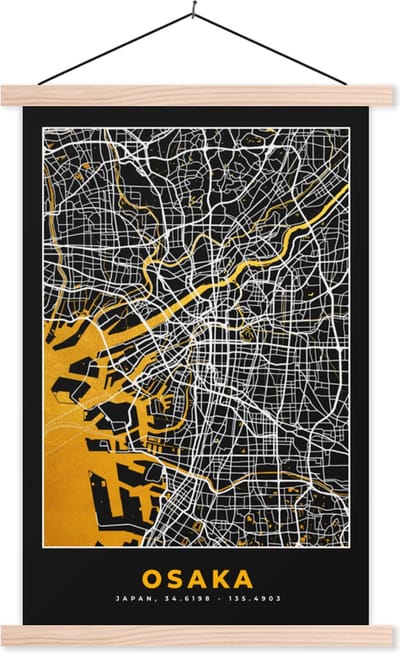 Posterhanger incl. Poster 40x60 cm - Schoolplaat - Osaka - Kaart - Stadskaart - Plattegrond - Goud - Textielposter - Blanke latten - Stadskaart