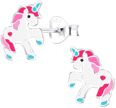 Joy|S - Zilveren pony eenhoorn oorbellen - roze wit unicorn oorknoppen - t21
