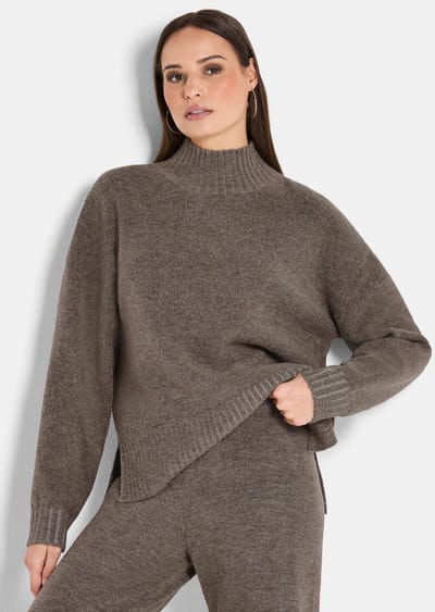 Tricot pullover met hoge gebreide boord bij de ronde hals - bruin / gemêl. - Gr. XS van Goldner Fashion