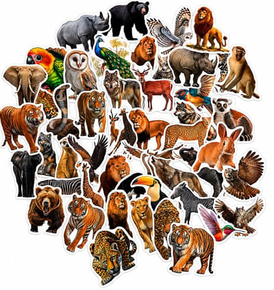 Wilde Dieren Stickers Set – 50 Stuks – Circa 5 CM – Realistische Dierenstickers: Leeuwen, Tijgers, Uilen, Wolf, Vogels, Olifanten