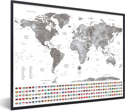 Poster in lijst - Fotolijst 80x60 cm - Posters - Wereldkaart - Vlag - Zwart - Wit - Posterlijst zwart - Decoratie - Wanddecoratie woonkamer - Muurdecoratie slaapkamer