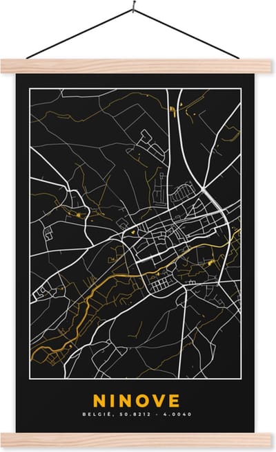 Posterhanger incl. Poster 40x60 cm - Schoolplaat - Plattegrond - Ninove - Stadskaart - Goud - Kaart - Textielposter - Blanke latten - Stadskaart