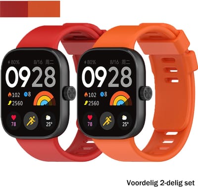 Stravo 2-Pack Smartwatch bandjes – Comfortabele Siliconen bandje met Druksluiting – Geschikt voor Redmi Watch 4 / 5 / 6, Xiaomi Smart band 8 Pro (Xiaomi Mi band 8 Pro) / Xiaomi Smart band 9 Pro (Xiaomi Mi band 9 Pro) – Rood + Oranje