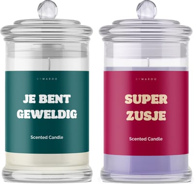 Kaarsen geschenkset Zus - Super Zusje Je Bent Geweldig - Grappige Cotton & Lavendel Geurkaarsen in Glas met Tekst - Verjaardag Cadeau Zus - Geschenkset - Happy Birthday - Cadeautjes voor Haar Volwassenen