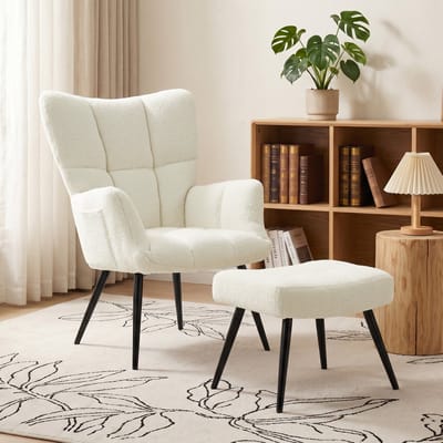 Poltrona Met Hoge Rug - Ergonomische Poltrona Met Voetsteun - Beige - Voor Woonkamer - Comfortabele Zitplek