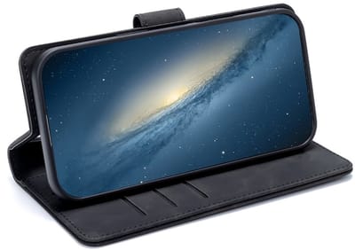 CaseMania Bookcase hoesje geschikt voor iPhone 17 - Effen Zwart - Kunstleer - 2-in-1 Magnetisch Uitneembaar Design - Compatible met MagSafe