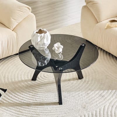 MODENUIT Salontafel - Ronde Glazen Tafel Voor Woonkamer En Kantoor - Zwart Hout En Transparant Glas - 80x42,2 Cm