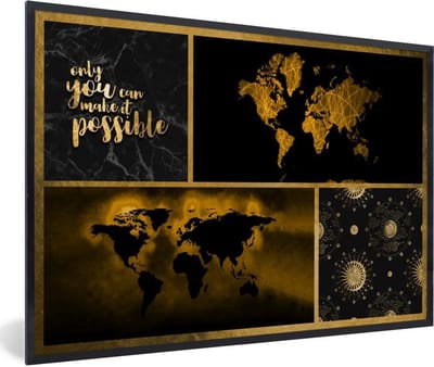 Poster in lijst - Fotolijst 120x80 cm - Posters - Wereldkaart - - Luxe - Goud - Posterlijst zwart - Decoratie - Wanddecoratie woonkamer - Muurdecoratie slaapkamer