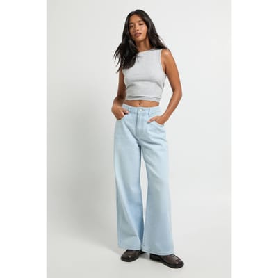 Dames Petite Boohoo Basics Hoge Taille Wijde Pijpen Jeans | Super Pale Wash | Maat: 14/26L