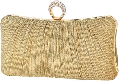 KZQ Damesclutch met gouden pailletten, een geplooide avondtas, geschikt voor bruiloften en feesten, inclusief een ring met strass-steentjes.