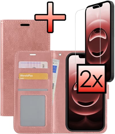 Hoesje - Met 2x Screenprotector - Geschikt voor Apple iPhone 16e / 17e - Luxe Pasjeshouder - Bookcase Portemonee - Flip Case - Kunstleer Book Case - Flipcase Hoes - Book Cover - Walletcase - Portemonneehoes - Rosé goud