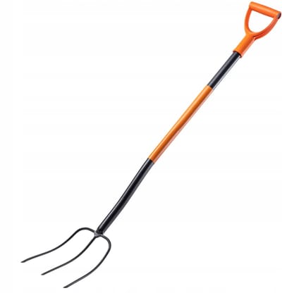 KADAX Spatvork van staal, 135 cm lange vork, hooivork, grafvork om te graven, ergonomische tuinvork, mestvork, vork met D-greep, tuinvork (3 tanden, zwart/oranje)