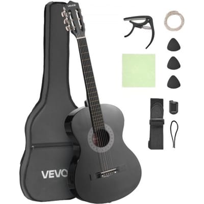 VEVOR Concertgitaar, 960 mm, Houten Klassieke Gitaar Starterset voor Beginners, met Nylon Snaren, Gigbag, Riem, Tuner, Extra Snaren, Plectrums, Capo, Lindehout, voor Beginners, Zwart
