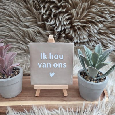 Robuust Wenstegeltje – Ik Hou van Ons – Hip trendy tegeltje – Cadeau voor Partner, Valentijn of Jubileum – Stijlvol en Persoonlijk Woonaccessoire - Zomaar - Voor jezelf – Trendy nu – Decoratief Tegeltje met Standaard – Cadeau Idee