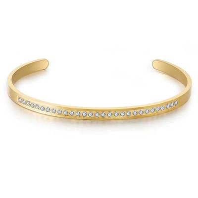 Twice As Nice Armband in goudkleurig edelstaal, open bangle met witte kristallen 6,5cm