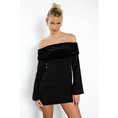boohoo Dames Fluweel Overvouwbare Bardot Getailleerde Mini Jurk | Black | Maat: 8