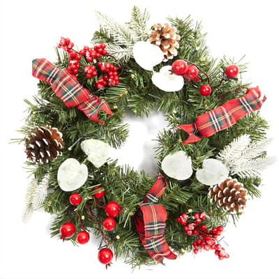 Kerstkrans met LED Verlichting - Kerstbessen & Dennenappels - Groen - 46 cm