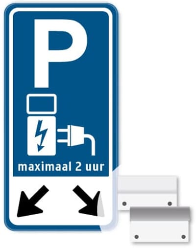 Bord parkeren oplaadpunt pijlen max 2 uur 30x60 cm - Bevestiging: Met muur-/ wandmontage beugels